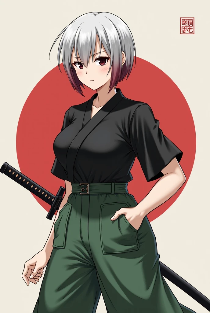 Half body shot in a dynamic, action pose. Cool, beautiful, youthful and sexy 20 year old woman wearing an army green bomber jacket holding a katana high, her head tilted slightly upwards, hair is graying white in a bob cut, midrib exposed. Cinematic composition. Jacket with cool embroidery from western pop culture. Shot on 70mm lens. Illustration for urban fantasy. Background should have red.