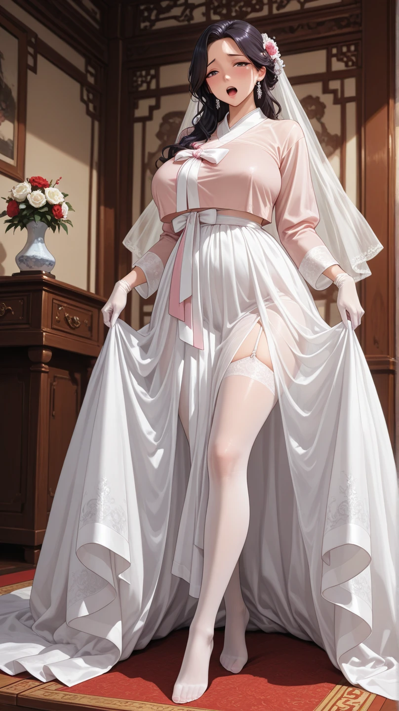 ((((ultra illustrated style:1.0)))),best quality,best animated,masterpiece,ray tracing, global illumination,1girl, solo,outdoors,standing,full body, (wedding dress:1.2), (presenting panties:1.2), white legwear,white lace panties,white garter straps,white high heels,white rose,outdoors, <lora:Kusano Yui:0.8>