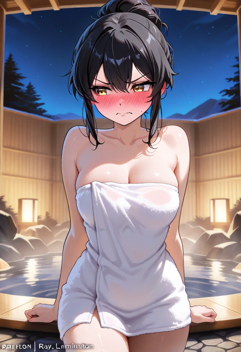 1 girl, ((muscular)), ponytail, toned body, black hair, red eyes, (mask), perky breasts, long hair, navel, thick thighs, sweaty, bath house, ((((full nude))))