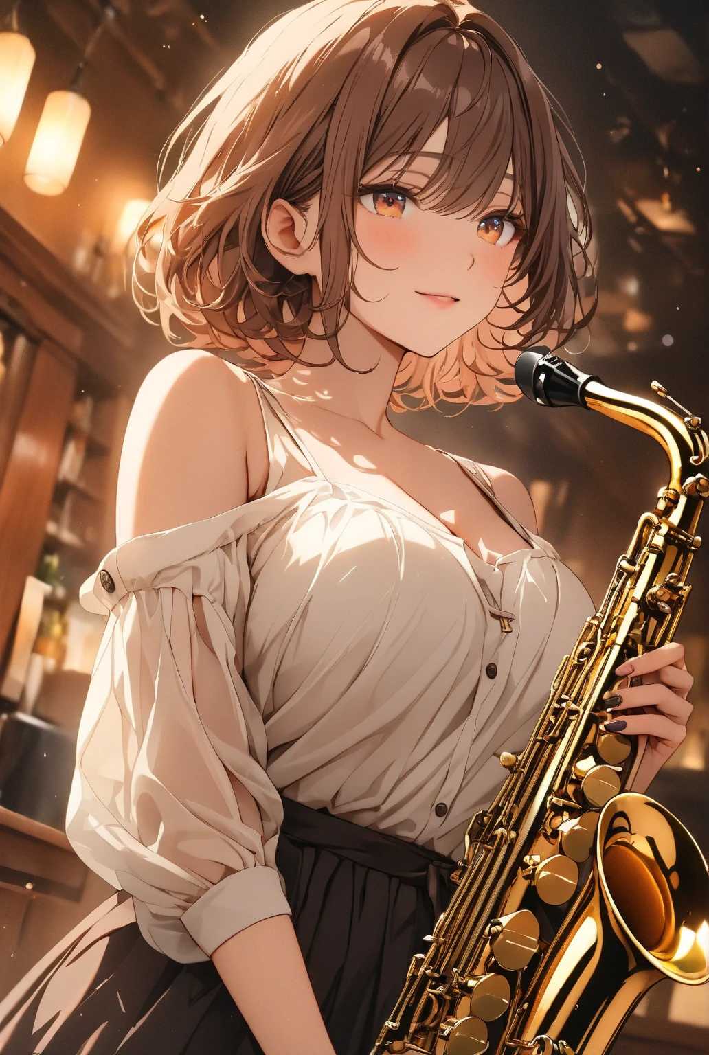 18-year-old female、Japanese Idols、Short pigtails((short twintails))、Sexy proportions、Narrow waist、Flashy stage costumes、Lace-embellished choker、Live Stage、Tenor saxophone