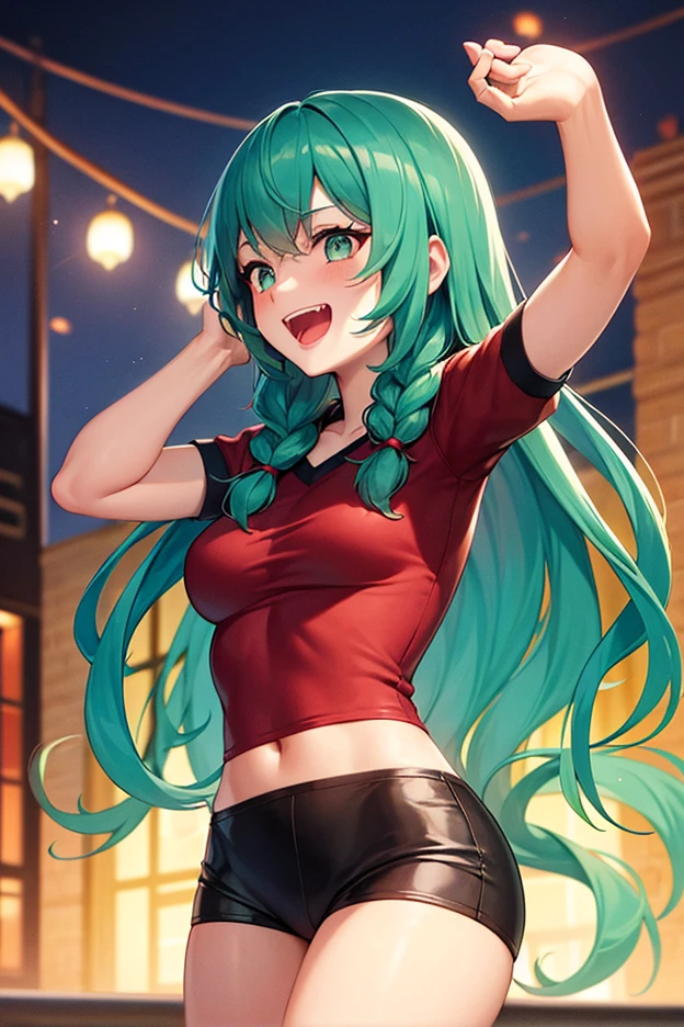(masterpiece, best quality), best resolution, (2heads:1.5), 1girl, green hair, brown eyes, different facial expressions, smiling, one eye open, one eye closed, open mouth, closed mouth, happy, energetic, red shirt, blue pants, sneakers, dancing, frenetic dancing pose, nightclub