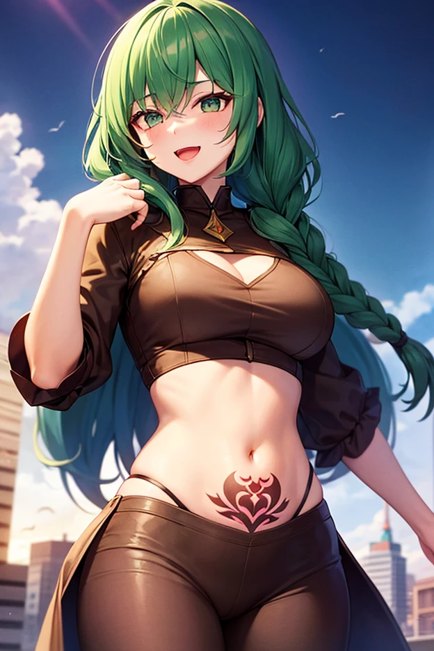 young girl, long green hair, violet eyes, Cat's ears, green leather t-shirt, Sleeveless, open belly, Tatoo, neckline on the chest, smirk, breeches, Masterpiece, hiquality