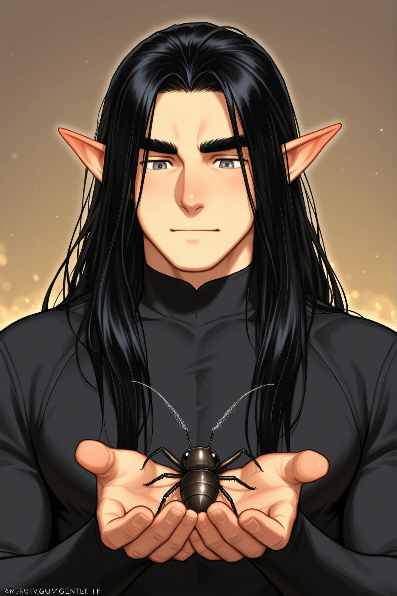 guy; elf; powerful insect and spider magic; elf; black long hair, black thick eyebrows , grey eyes; insects, kind, Cute, are gentle, guy; bara