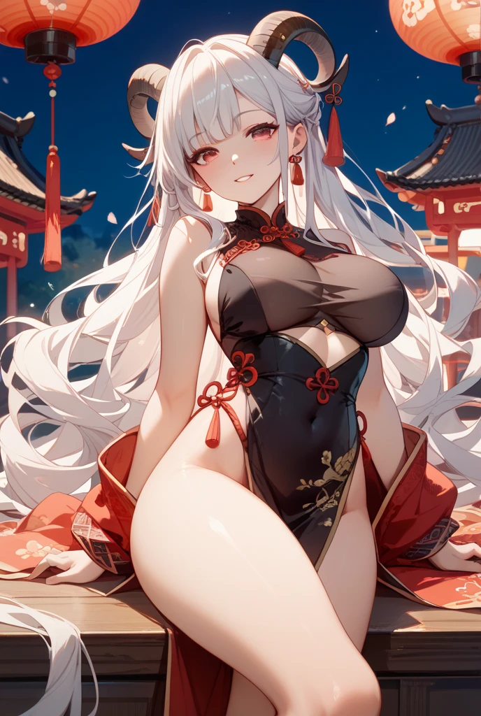 Silver Hair、Twin tails、Red gradient hair、Navy blue hair ornament、Golden hair ornament、Red and navy blue odd eyes、smile、Grown-up、Big Breasts、White Chinese Dress、red decoration、Navy blue decoration、Golden decoration、Silver decoration、Shoulder Bare、Chest、Black tights、Chinatown