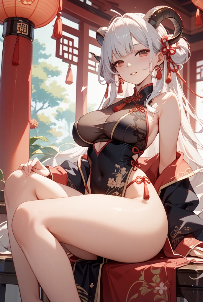 realistic image, coherent image, detailed image, 1 beautiful girl. She has silver hair, long hair, tied up in pigtails. Silver eyes, long eyelashes. Her face is oval and delicate. Smiling. She wears a red Cheongsam, side slits. She has a curvy body, big breasts and thick thighs. Chinese temple, flower petals falling around. ambient light, volumetric light,