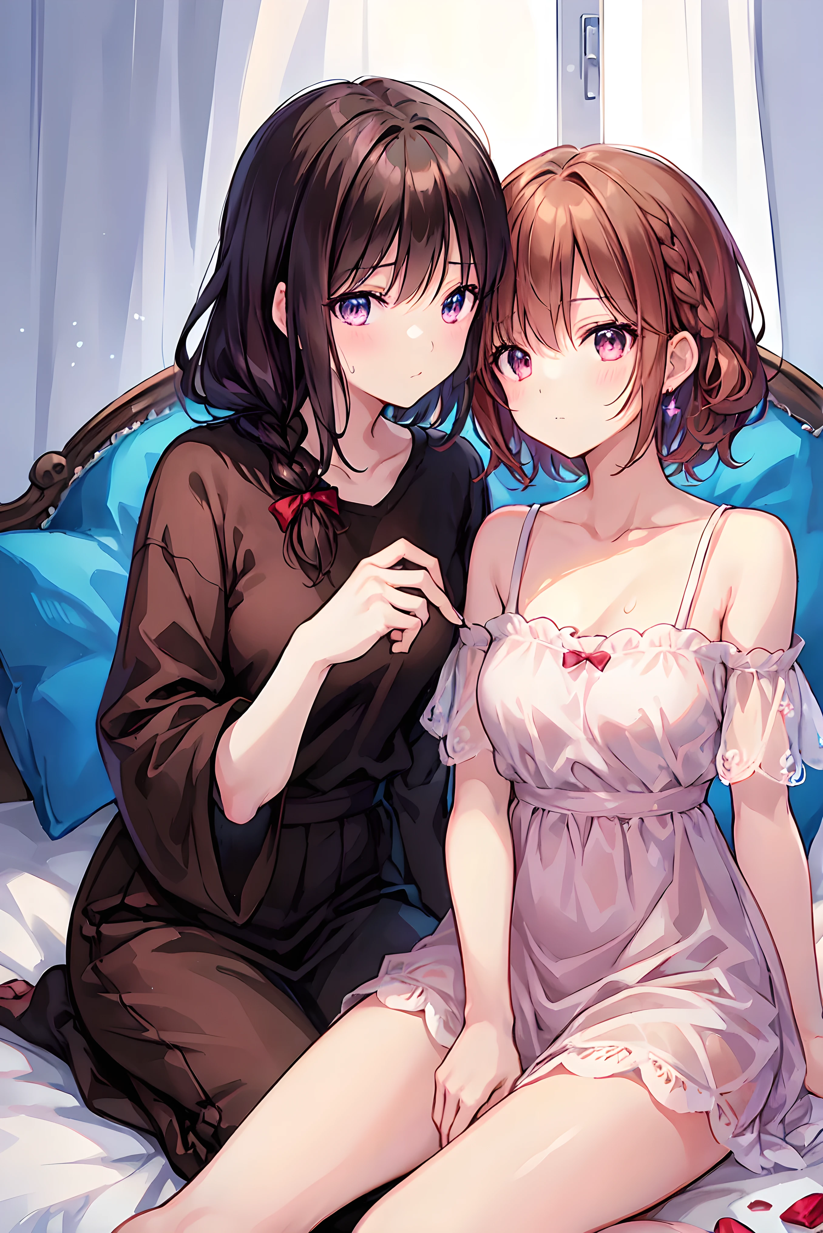 ( table top in bed)( high image quality )couple in their 20's, female1名、female向けロマンス、 Sparkling atmosphere 、Glossy appearance、 Devour each other however you like、interview、 sweating、maleがfemaleの胸や体を触る、femaleがmaleにキスをする、make、female( brown medium length hair 、 slightly larger chest 、 nightgown 、近いeye)、Sweet Sigh、male( black hair short、Half-removed shirt、 foot 、Strong and intimate ~ eye)、background(room、 bed、Turn off the lights、I closed the curtains...)、The night deepens、dim、 brown hair, Shortcut, disheveled hair , short braided hair, Neat , slender beautiful female, correct posture,small breasts, 美しいfoot,魅惑的なグレーブルーのeyeは星のように輝いている,垂れeye, Vivid Colors ,美しいeye,A delicate smile,textured skin, the best quality the best ,優しくて美しいfemale, Anime Style、