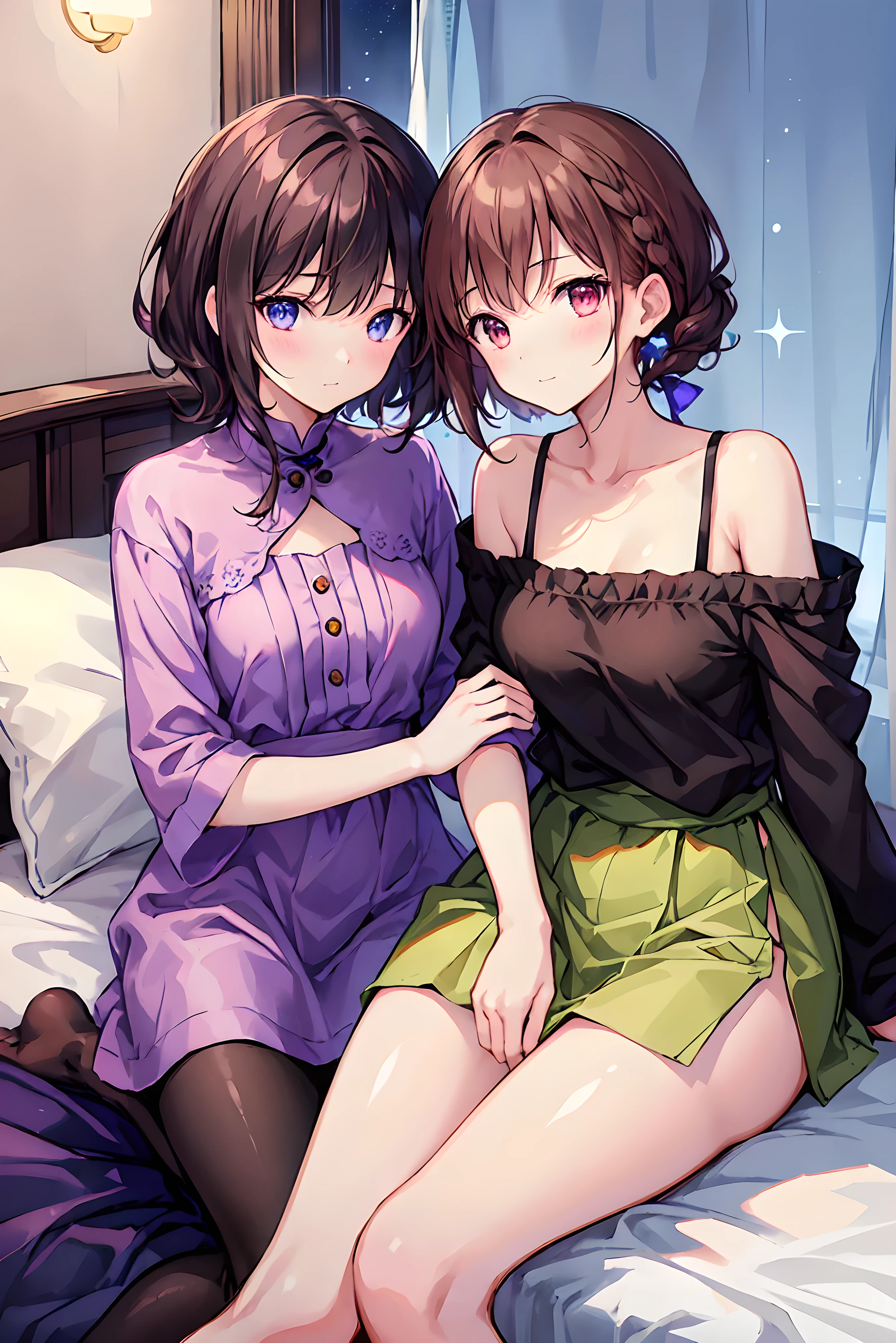 How to sit a girl,Written boundary depth, Delicate eyes, Distinctive nose bridge,Fine skin、Smooth、Perfect beauty、Small breasts、thin,((Natural style)),Brown Hair、Truly beautiful、Beautiful profile,Perfect Style,Ahegao,((Boyish clothes)),Shortcuts,Western-style room,On the bed,Lighting is dim,My face turned red,Don'Do not fold your hands,Legs do not cross,((Kiss between girls)),((Embrace and kiss deeply))、((Kiss the Eyes)),((Girly clothes)),((Natural posture))