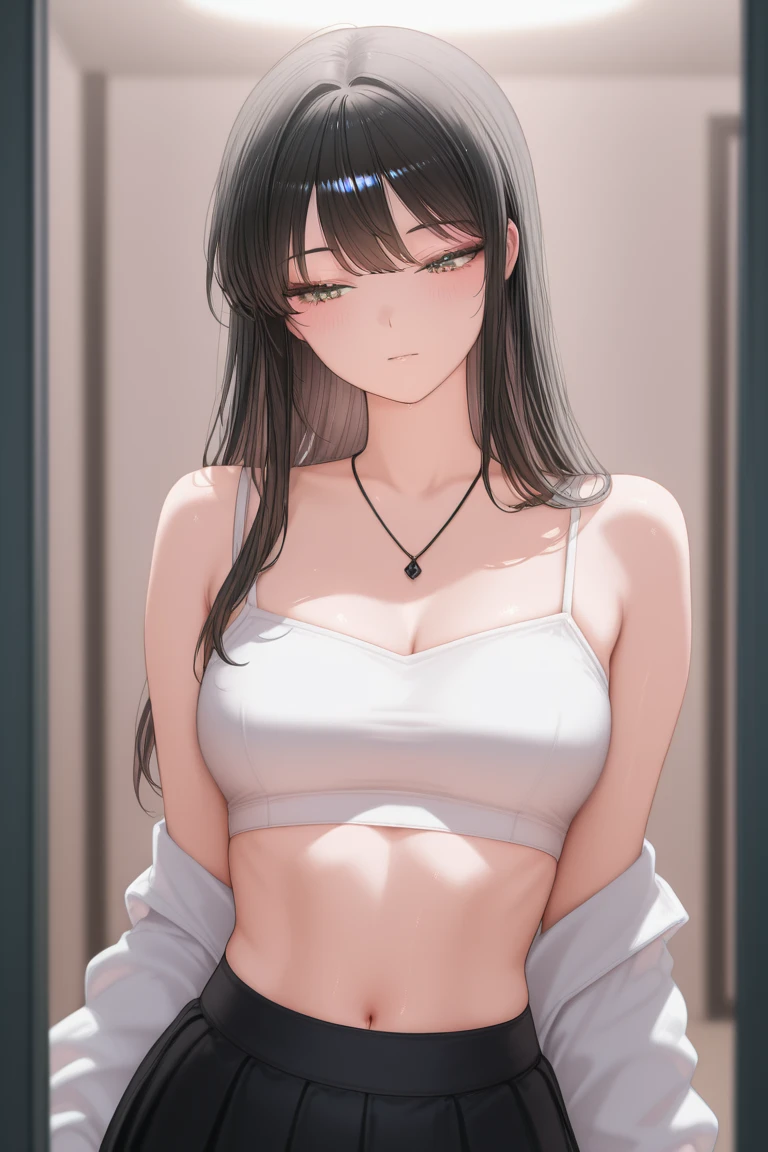 best quality, highres,Slender、Brown eyes、tall、Black Hair、(Forehead Baring:1.7)、(Bun Hair:1.3),Straight Hair、Luxury Hotel、(White bra:1.5)、(Black long skirt:1.3)