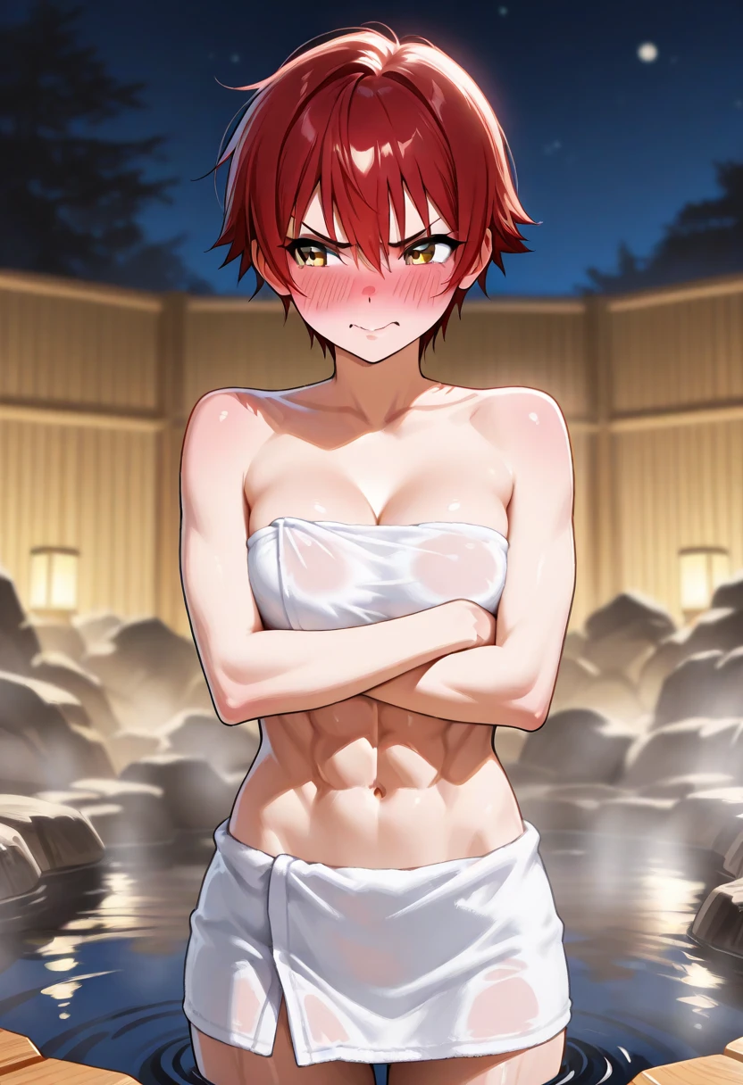 Young girl, medium hair, red hair, brown eyes,shining eyes, small breasts, short stature, strong abs, (happy smile,clenched teeth), (blush), open sexy white bathrobe, white red bikini thread,(crossed legs, sitting), pov from front, livingroom,shining body