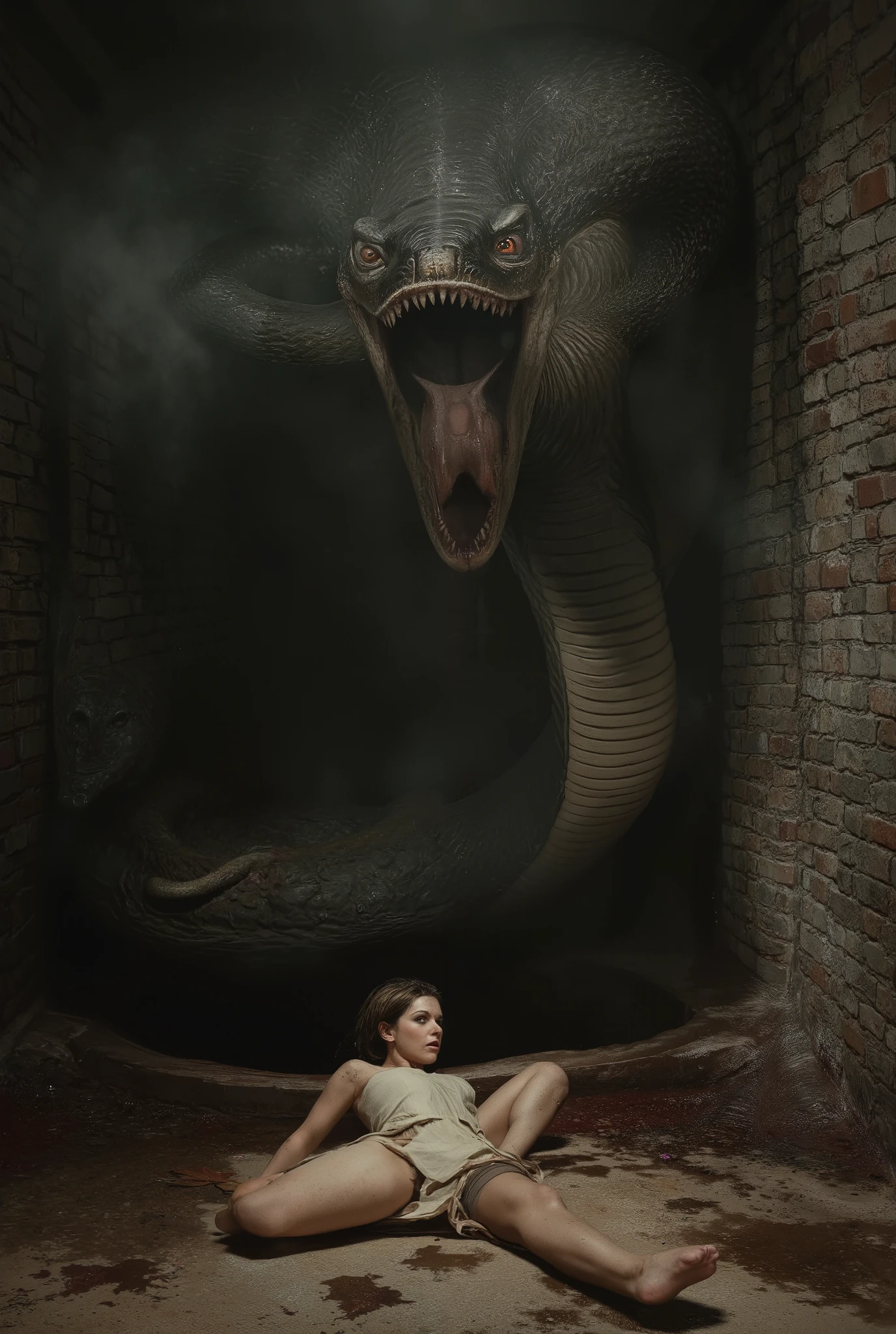 here we have a snake /(cobra, big jaws, bloody long sharp and pointed teeth, bloodshot eyes.)/ . the snake opens its mouth wide to swallow the woman..emerging from deep hole in the floor /(the ground of the cellar has a big hole, the cobra comes emerges from the big dark hole)/. in the dark bricks cellar. A scared woman lying down on the ground looks for an escape. dark ambiance, smoke, fog, haze in the air, vapor and wet air. some hyper-realistic style and absurde.