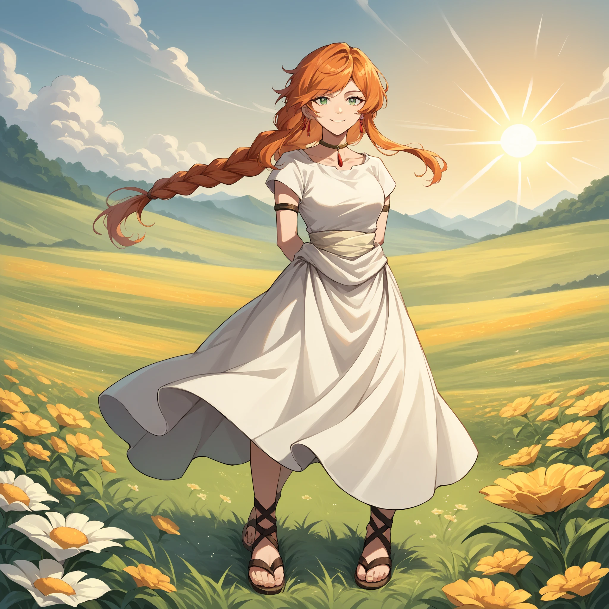 score_9, score_8_up, source_anime, 1girl, solo, FlammeFrieren, orange hair, green eyes, long hair, braided ponytail, earrings, choker, armlet, bracelet, white dress, white sash, short sleeves, sandals, outdoors, arms behind back, smile, open field, flower, sun,