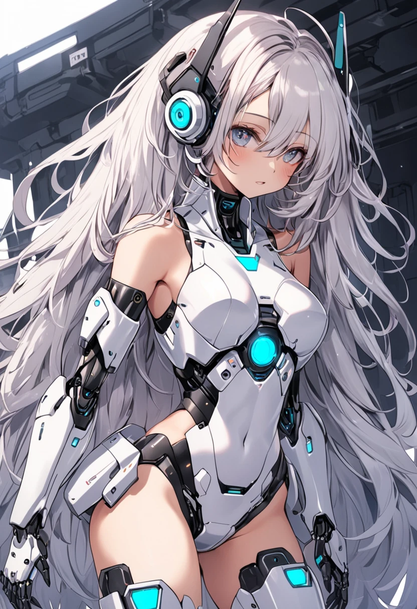 (8k, best quality, masterpiece:1.2),\(Eye details\),\(Facial features\),(\(Clothes detail details\)\),(1 girl:1.2),Mechanical girl,solo,full body,Sophisticated 3D rendering of a beautiful Japanese girl Android , part, Beautiful studio soft lighting, rim light, Vibrant details, Luxury Cyberpunk, The body is made of organically flowing white and silver clear glass and plastic, Silver metal interior, dynamic poses, mobile organic ingredients, Meticulous carving, Lace design, Glowing golden circuit, H's Art,(Mechanical skeleton(Metal pelvis,Mechanical spine:1.2),high-tech robot,(Wired headphones of the future:1.2),(Blue glowing circuits on cheeks:1.3),(/grey hair:1.2/),(/shiny blue eyes/),smooth skin,(This is an android:1.5),(flat chest:1.2),small ass,