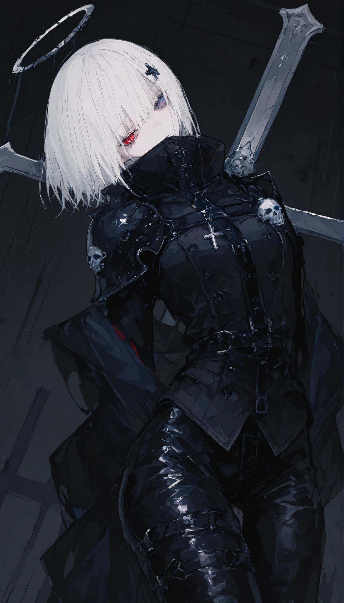 girl,short hair,white hair, x,in blue eyes,Coat,XX,mouth covering,Black suit, Black costume,Black Latex Strap,Long shawl shoulders, black pants ,slim,Skull Head Ornament,Cyberสีดำ,awesome,cross,cute, Assassin ,Fabric pants ,Coatคลุมตัว,x costume, White Mask ,Red right eye and blue left eye, Blue eye and red eye, White Mask ,Slim Leg,Small butt,Black Jacket, Black Shoulder Armor ,Cyber,Coatสีขาว,Hairpin XX, Skirt,Halo on the back, BIG HALO,