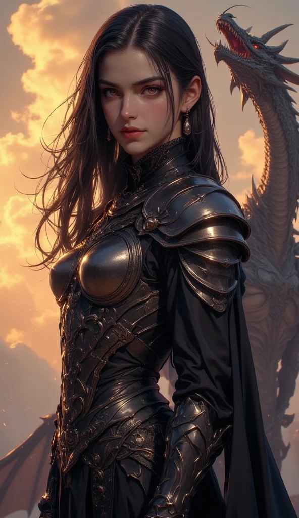 ((masterpiece, highest quality, Highest image quality, High resolution, photorealistic, Raw photo, 8K)), Dungeons & Dragons, A huge stone hall, A front view of a female warrior fighting a giant dragon that breathes fire,
