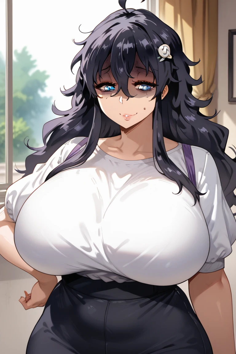 best quality,1girl,solo,(dark skin:1.2),black hair,curly hair,(shaggy cut),(pink headband),pale blue outfit,((farmer)),fantasy outfit,stocky jaw,revealing neckline,collarbone,smile,hyper huge breasts, wide hips, huge ass, huge round ass, thick thighs, tall girl, burly girl, brawny, fat girl,thick lips,standing against the wall,(simple background),gray background,