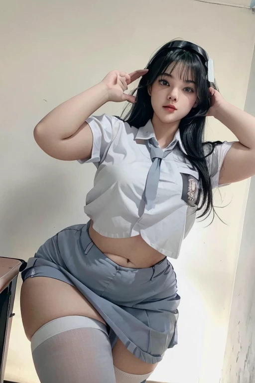 works as a manager (in the dark), in the dim office, ((standing and showing off (genitals with spotting blur))), wide spread legs, blouse, id card, squatting, floor, ceiling, white-socks, sneakers, one braid,