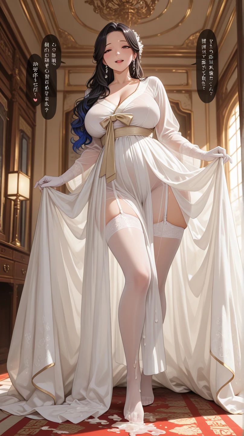 Super detailed, NSFW, masterpiece, High resolution, Photorealistic digital art, perfect lighting, (((1 girl, perfect anatomy))), accurate right hand, accurate left hand, five fingers, perfect style, Fern, big purple eyes, glossy lips, purple hair, shiny skin, smile, Pure white long dress, Pure white long sleeve blouse, pure white long skirt, Full body see-through, Big Breasts, Shooting up close, ((Focus on the groin)), Fantasy art,