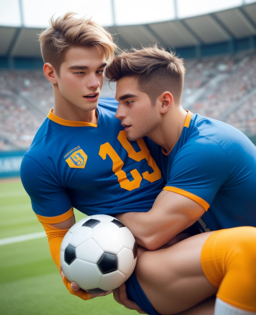 full view full body, two shirtless sweaty over-muscular white teen boys in a locker room in their soccer white muddy socks, shoes off, sitting on a bench changing after a soccer match, showing off their white muddy socked feet, laughing