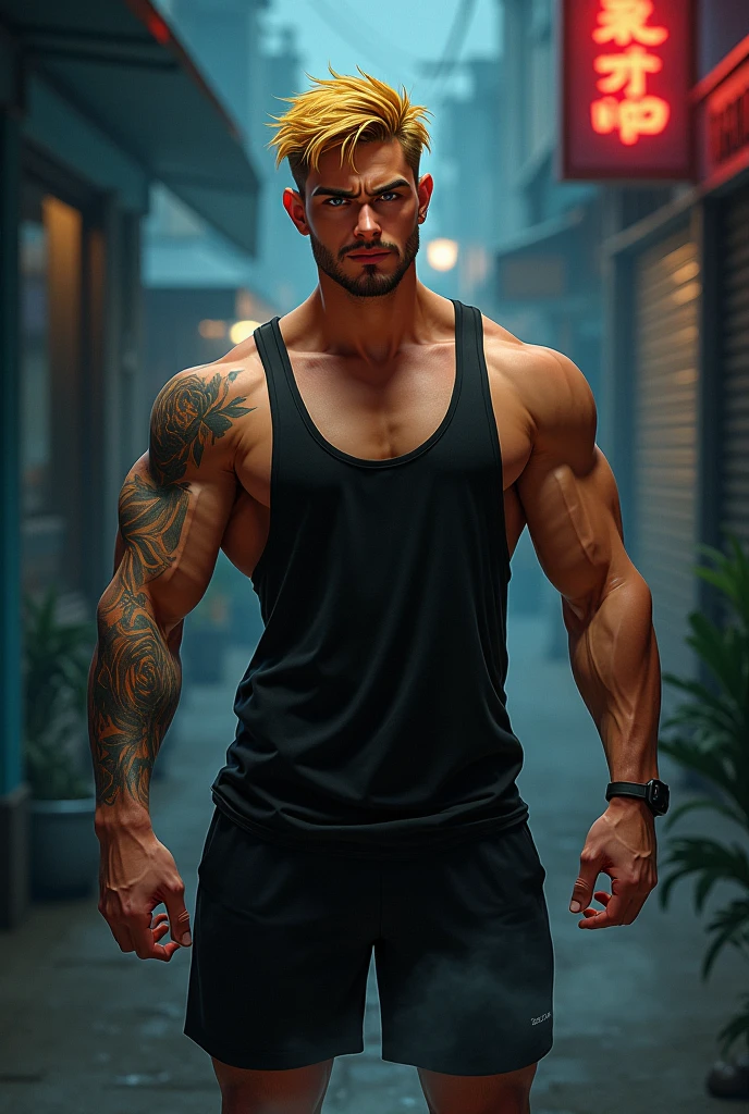 A buff, ripped godly entity with bare chest, black short hair, beard, purple eyes, glasses, cloth wrapped around wrist, tattoos on chest, lip piercings, masterpiece, highly detailed, cinematic lighting, volumetric fog, dramatic pose, chiaroscuro lighting, moody atmosphere, vibrant colors, digital painting, concept art style