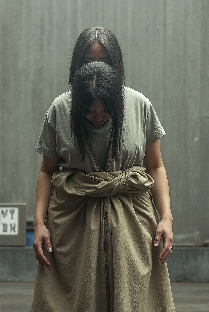 A beautiful white Asian girl in a hijab is being hanged in an old warehouse by several men and she is being tortured until she looks very painful and tormented