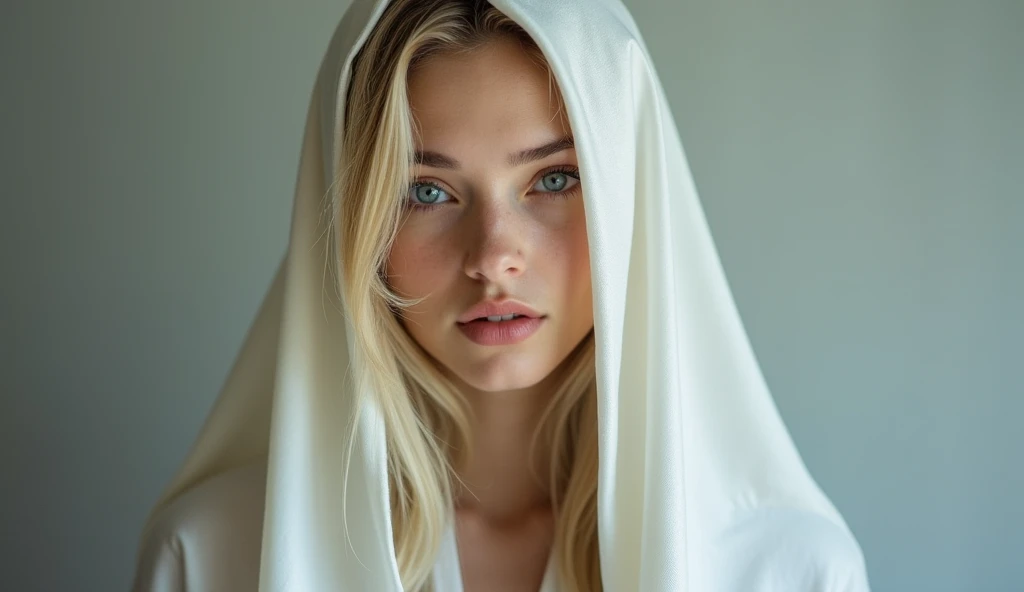 blond woman with long hair in white robe posing for a selfie, digital art inspired by Louisa Matthíasdóttir, instagram, realism, dasha taran, face like ester exposito, angelina stroganova, yelena belova, sexy face, aleksandra waliszewska, anastasia ovchinnikova, instagram model, without makeup