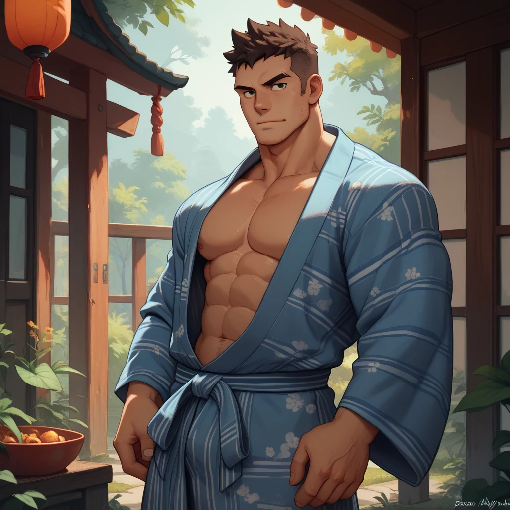 sexy mature daddy, tanned skin, big bump, darker skin, stubble, muscle发达的, best quality, masterpiece, ultra high resolution, Detailed background, realism, illustration, single, 1 boy, Torii, muscle, Volumetric lighting, depth of field, beard, flow, White clothes, black belt, light particles, huge bulge, starry sky, martial artist, flow汗, short black hair, perfect eyes, white socks,sitting position