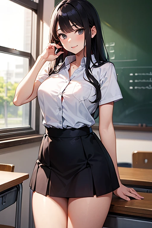 ( Beatiful sexy white socks ) ,  school shirt  , big breasts , NSFW , tall legs , smile , ( milf ) , HD , detailed eyes  dark long hair , ( High waisted black skirt ),  18-years old , wide angle , classroom , tall body