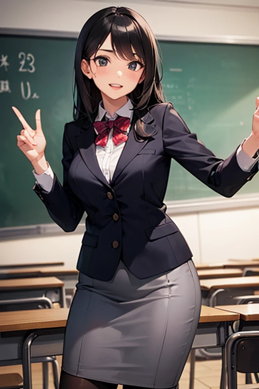 ((best quality)), ((highly detailed)), , (1girl), dynamic pose, upper body, <lora:hairdetailer:.7>, girl next door, friendly, smiling, (inside, in a classroom, desks, blackboard, a schoolgirl, schoolgirl uniform, pleated skirt, <lora:EraseGroinSkirt:1> ((BREAK)) and multiple girls, a teacher, standing, pencil skirt, button down shirt, hair in a bun), <lora:takamichi-v2-strong:.8>