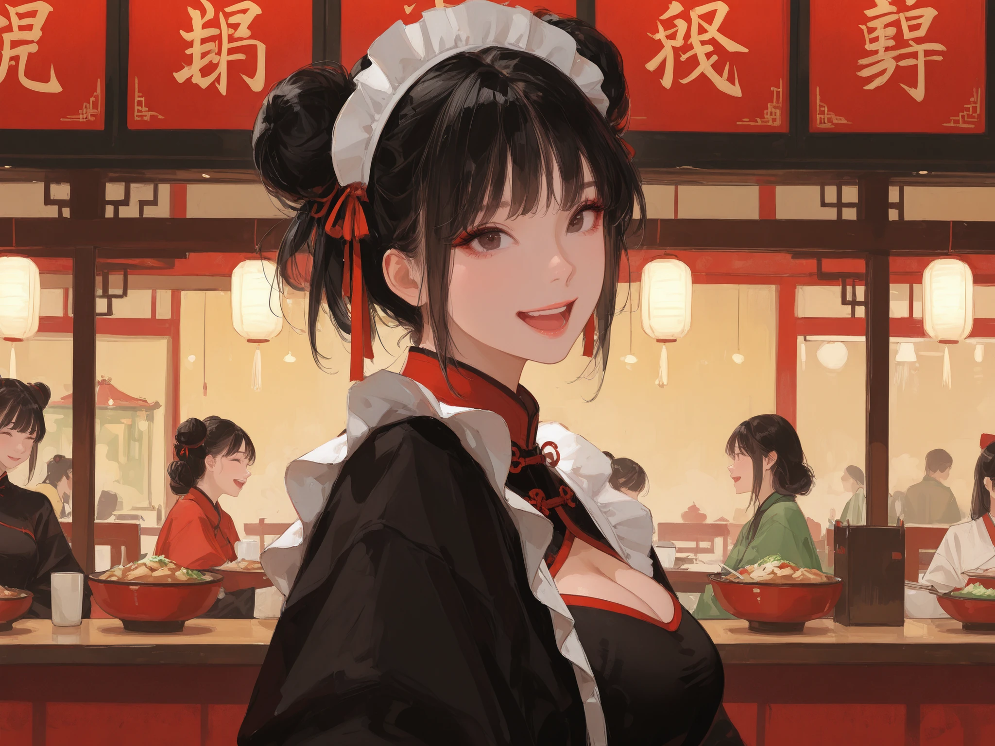 close shot, Girls' Front, Perfect female body, woman, 20 years old, black hair, double bun, Air bangs, Beautiful face, happy, large breasts, red china maid, china restaurant, the best quality, extremely detailed,
