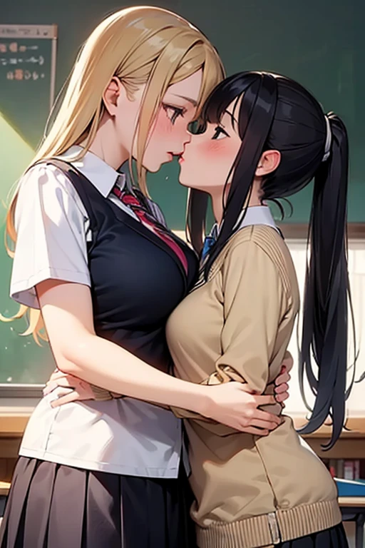 two age girls,angry look,equivalent height,In the classroom,Black short,face each other and look at each other,hug each other,two bodies are close together,kiss、Picture of two people、Holding hands and facing each other、Photograph of two people facing each other、Push each other、Stick your boobs and boobs together