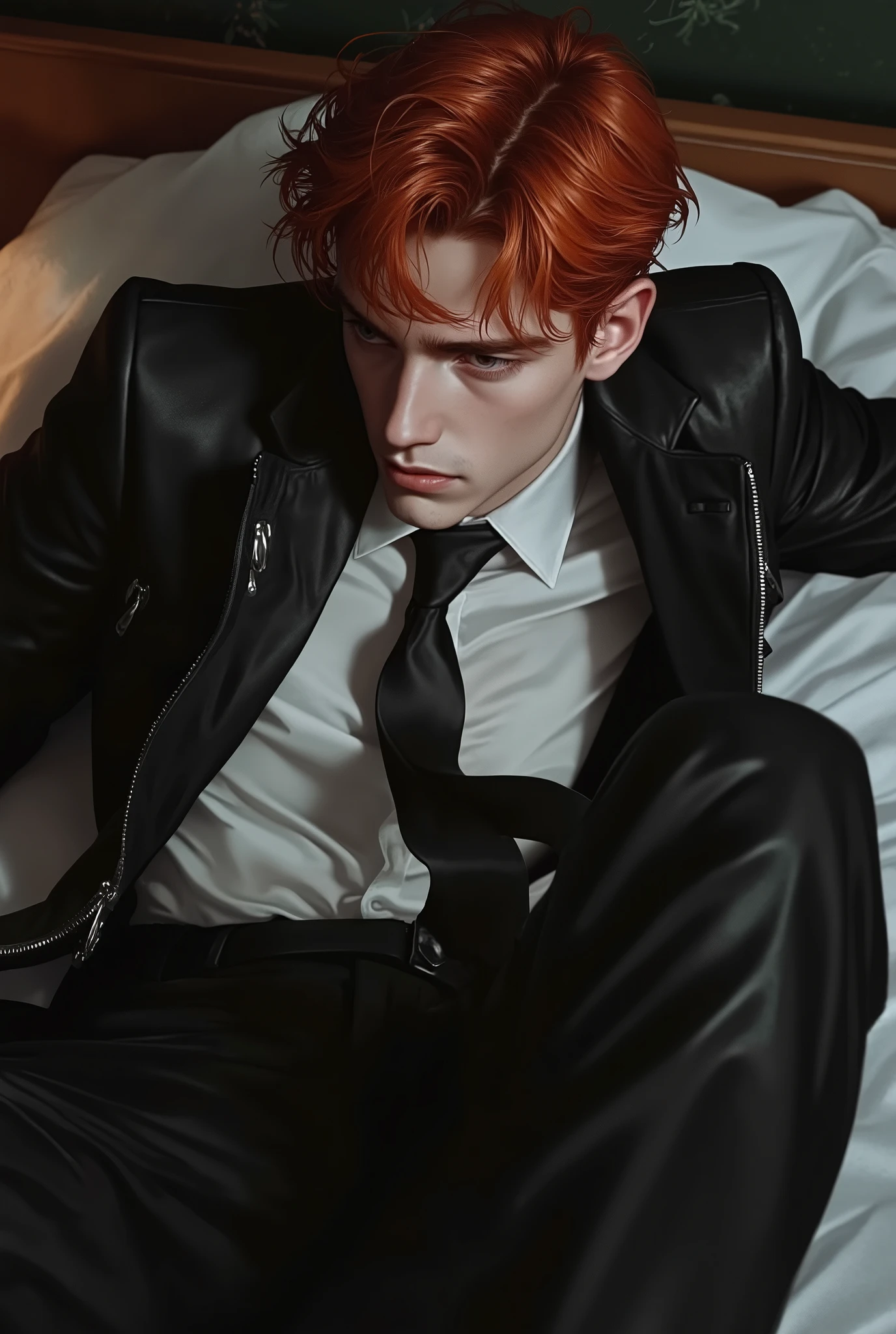 First person point of view, A handsome young man with short Tomato hair, hazel eyes, On the bed, Sit-up position, wearing: The upper part of the outfit consists of a sharp mix of rugged and refined elements: a DeepTomato suede wrinkled zip-up jacket layered over a classic white dress shirt slightly open and a loose black tie. The contrast between the rugged texture of the jacket and the formality of the shirt-and-tie combo gives it a bold, fashion-forward edge with a touch of street-smart sophistication (masterpiece:1.2), (best quality:1.2), (very aesthetic:1.2), (absurdres:1.2), (detailed clothes:1.2), (detailed eyes:1.2), (EyesHD:1.2), newest, intricate details, dark lighting, dramatic atmosphere, slightly high angle, chiseled chest.