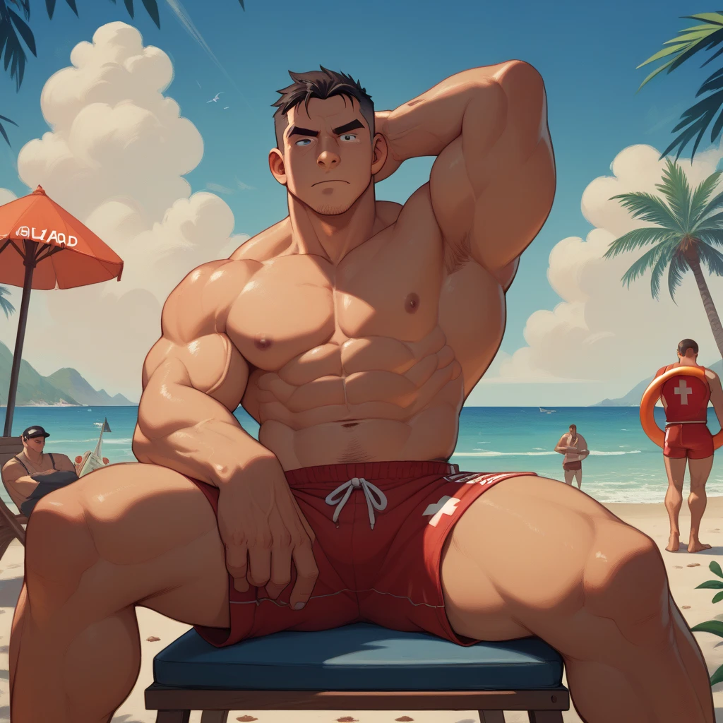 Lifeguard is doing Masturbation, young man, Big muscle, red triangle swimsuit, Muscular body, taned skin, Natural eyes, blush, Short hair, Sexy Man, looking up at viewer, Large protrusions, Bulge, Erection, naked, Masturbation, Ejaculation, Open legs, Wet body his semen, Masterpiece, Best Quality