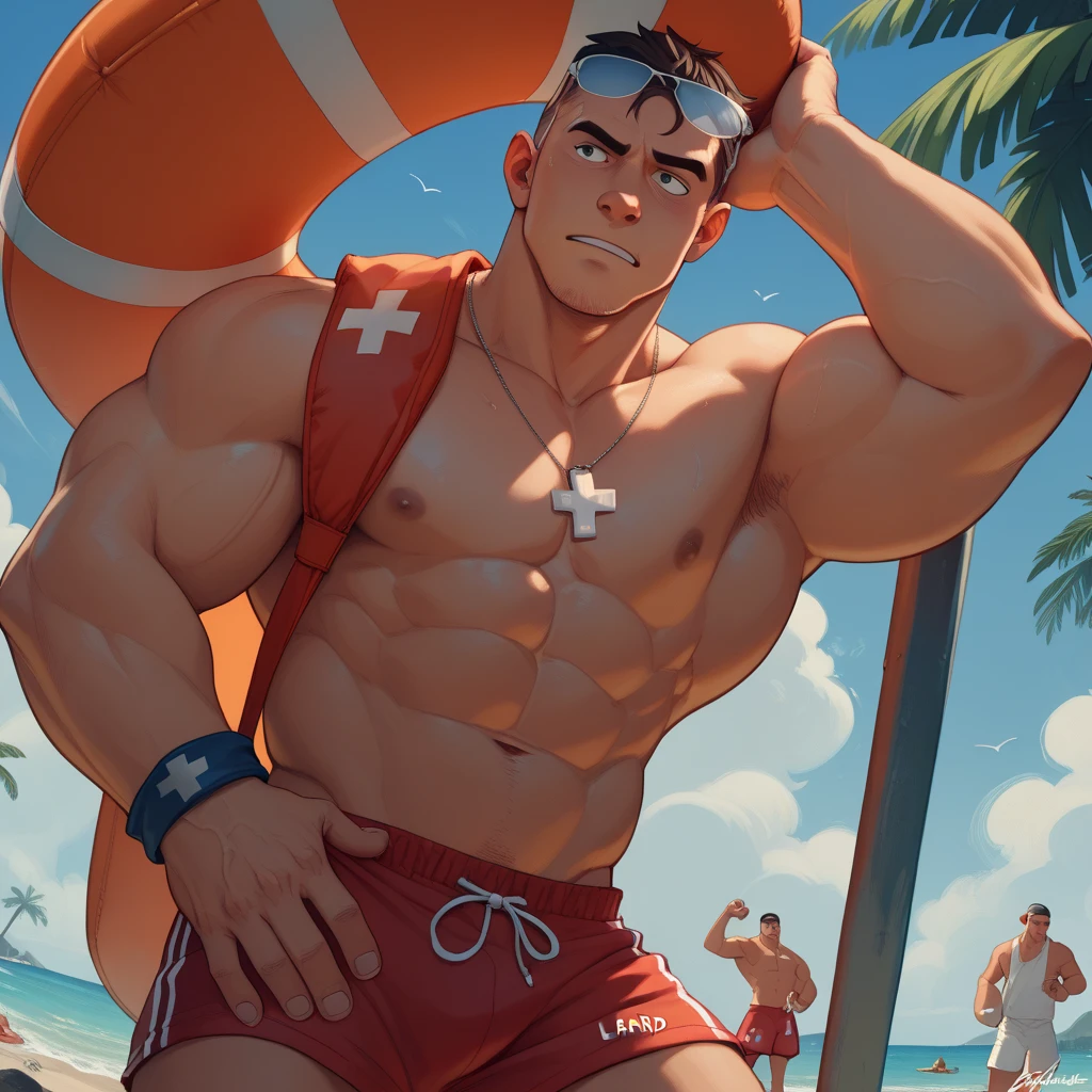 Lifeguard, tanned man, handsome masculine face, brown eyes, short blond hair, muscular body, huge chest, huge biceps, thick thighs, oily and shiny skin. He is wearing a small red thong with a white cross, sunglasses, a whistle hanging from his neck and a lifeguard board.