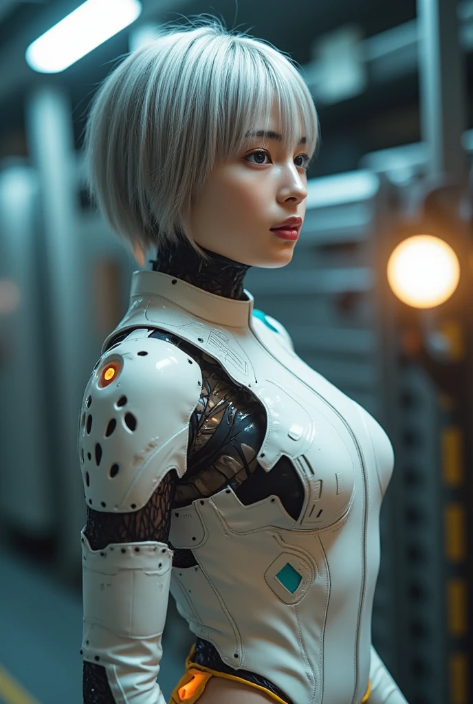 complex 3d render android face ultra detailed beautiful china profile woman, cyborg, robot part, 150 mm, beautiful studio soft light, edge light, vivid detail, fancy cyberpunk, lace, hyperrealistic, anatomy, facial muscles, electric wires, microchips, elegant, beautiful background, octane render, HR Giger style, 8k, top quality, masterpiece, illustration, smooth and beautiful, highly detailed, CG, unity, wallpaper, (realistic, photo-realistic: 1.37), excellent, detail refined, masterpiece, top quality, official art, highly detailed, absurd CG unity 8k wallpaper, absurd, robot, silver halmet, full body, sitting
