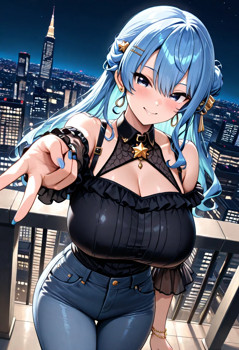 8k_wallpaper, extremely detailed eyes, extremely detailed body, (large masterpiece digital art), (detailed manga illustration), (detailed line art), ((perfect anatomy)), (intricate details:1.3), (ultra-detailed:1.3), (illustration:1.3), (sharp focus:1.3), (natural lighting:1.05), (vivid colors:1.3), (masterpiece), best quality, expressive eyes, perfect face, 1 girl, breasts, cleavage, gloves, large breasts, casual clothes, white shirt, tee shirt, denim jacket, jacket, {blue hair}, medium hair, wavy hair, (gray eyes), hourglass physique, casual outfit, black denim shorts, shorts, dynamic pose, Huge ass, dynamic lighting, beautiful Latin woman, curvy, fur trim, hair bun,