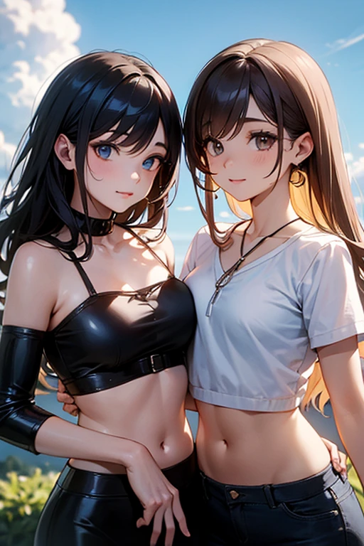 nsfw、masterpiece、best quality、super detailed dark skin、1catgirl、(((adult woman face)))、jade green eyes、dark skin、cat ears、horse tail、hair/(braided side pigtails)、flipped hair、midnight black hair、cleavage、(arms free)、(shoulders free)、(neck free)、wrists/(bracelets:1.3)、upper arms/(leather wristbands:1.3)、top/(small torn top:1.3)、pants/(small tight torn denim hot pants)、background/(sunset city-harbor)、evil smile、mischievous face expression、sticking tongue out