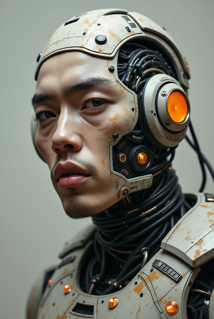 (The Alfed man wears black transparent latex tongs,Translucent latex pliers:1.5),(Metallic body, bionic scifi alexandre ferra, cyborg neck, cyborg male, male cyborg, cyborg fashion model, portrait of a cyborg, detailed portrait of a cyborg, cybernetic neck implant, portrait of a futuristic robot :1.3)(dystopian sci-fi character, sci - fi character, portrait of a cyberpunk cyborg:1.2)(8K,Extreme detail,Hair in extreme detail,Ultra photo realsisim,cinmatic lighting:1.1)(Asian supermodel face,Strong muscles and perfectly curved body,Extreme sexual tension,Hormonal explosion,whole body display:1.5)(Short hair, Light-colored beard, Stubble masculinity,Naked muscle man,Muscular macho,No clothes on,Only a pair of thongs was worn,Extremely sexy and provocative:1.5)(whole body display:1.5)
