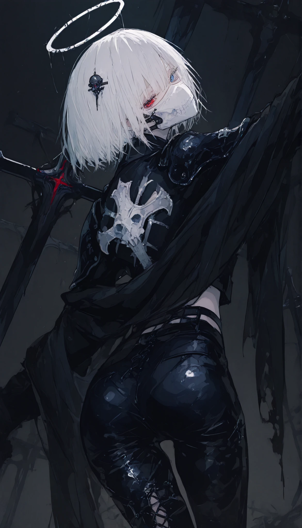 girl,short hair,white hair, x,in blue eyes,Coat,XX,mouth covering,Black suit, Black costume,Black Latex Strap,Long shawl shoulders, black pants ,slim,skull ornament,Cyberสีดำ,awesome,cross,cute, Assassin ,Fabric pants ,Coatคลุมตัว,x costume, White Mask ,Red right eye and blue left eye, Blue eye and red eye, White Mask ,Slim Leg,Small butt,Black Jacket, Black Shoulder Armor ,Cyber,Coatสีขาว,Hairpin XX, Skirt,Halo on the back, BIG HALO,Giant cross on the back
