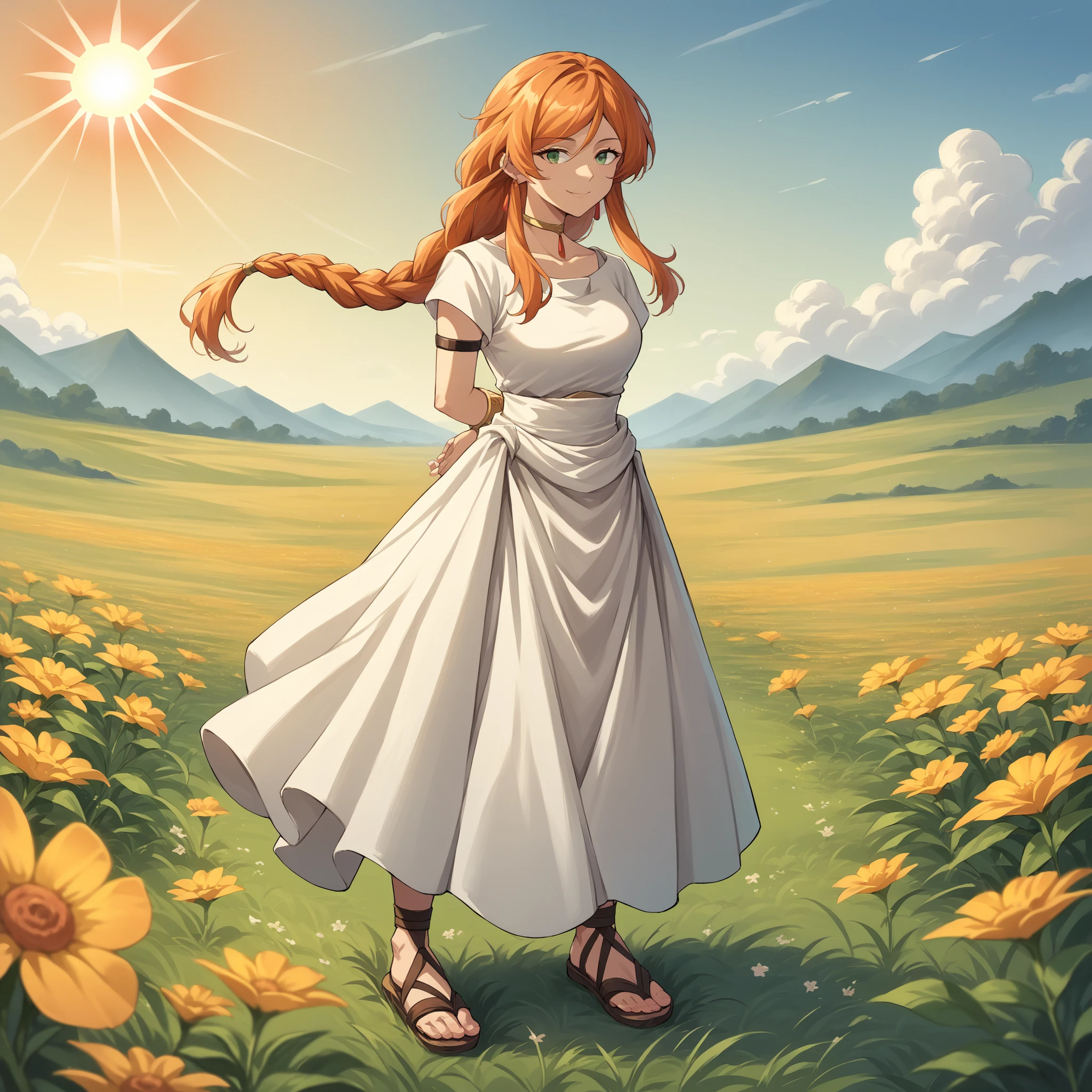 score_9, score_8_up, source_anime, 1girl, solo, FlammeFrieren, orange hair, green eyes, long hair, braided ponytail, earrings, choker, armlet, bracelet, white dress, white sash, short sleeves, sandals, outdoors, arms behind back, smile, open field, flower, sun,
