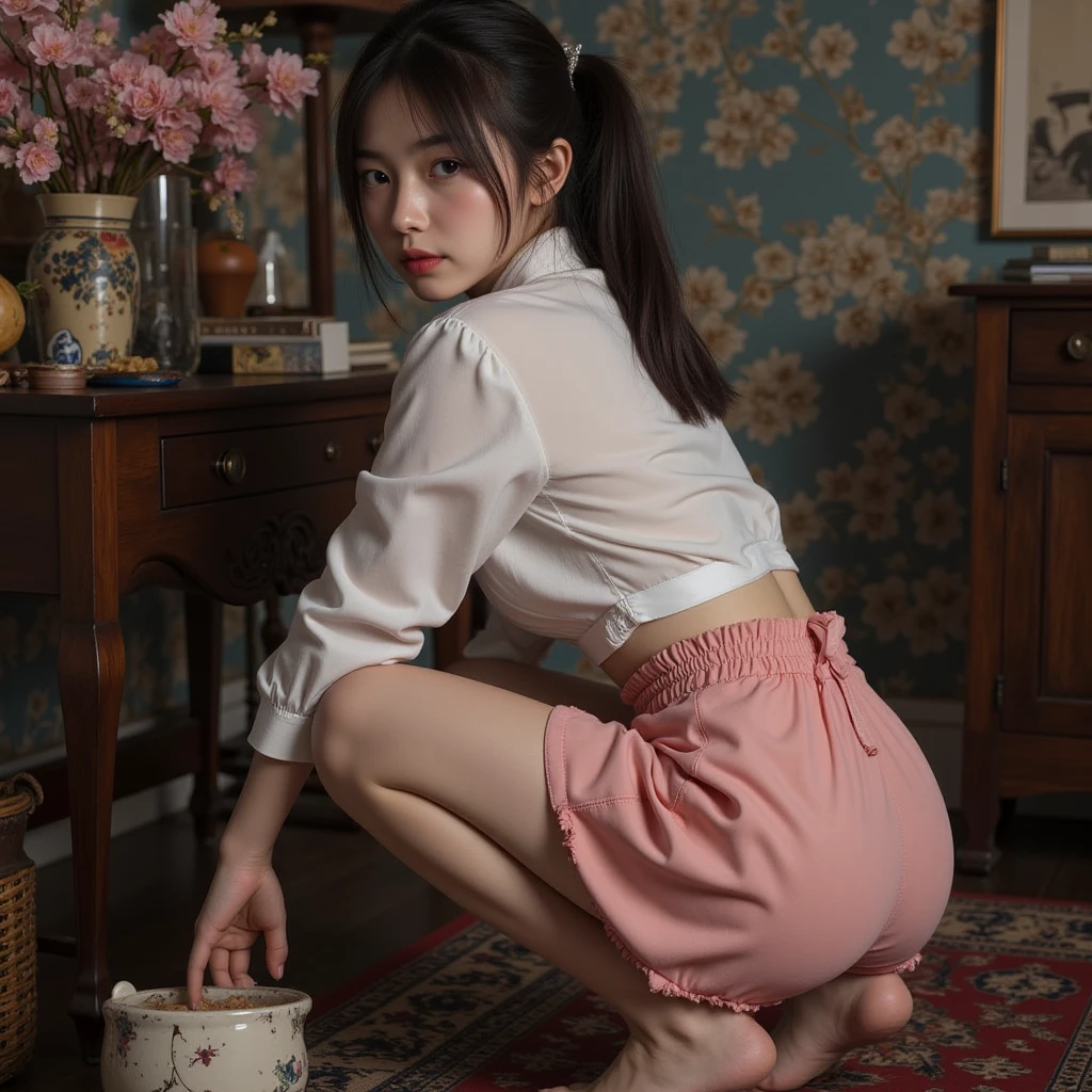 (((best quality, 8 thousand, masterpiece:1.4)), (20세 female), masterpiece, separate, Highres, High_quality, large_launch, small_face, absurdly_short_hair, female, sag_chest, balance을 맞추다, stretching, mild_face, only_shoulder, center_open, down blouse, ((best quality)), ((masterpiece)), (detailed), perfect face, very big chest, ultra High resolution room, 8 thousand, perfect body, HUD, Ergonomic, slim legs, small face, long eyelashes, Sparkling pink lips, eye for detail, clean skin, blemish-free face, korean beauty, 20세 female, female 1명, Sexy pelvis, (giant, saggy chest), balance, jungle lake, my clothes are tattered, beautiful long hair, realistic, I squatted down and looked back.., stockings, My whole body is sticky with body oil.., trained body, professional lighting, glowing skin, (shiny silk dress),