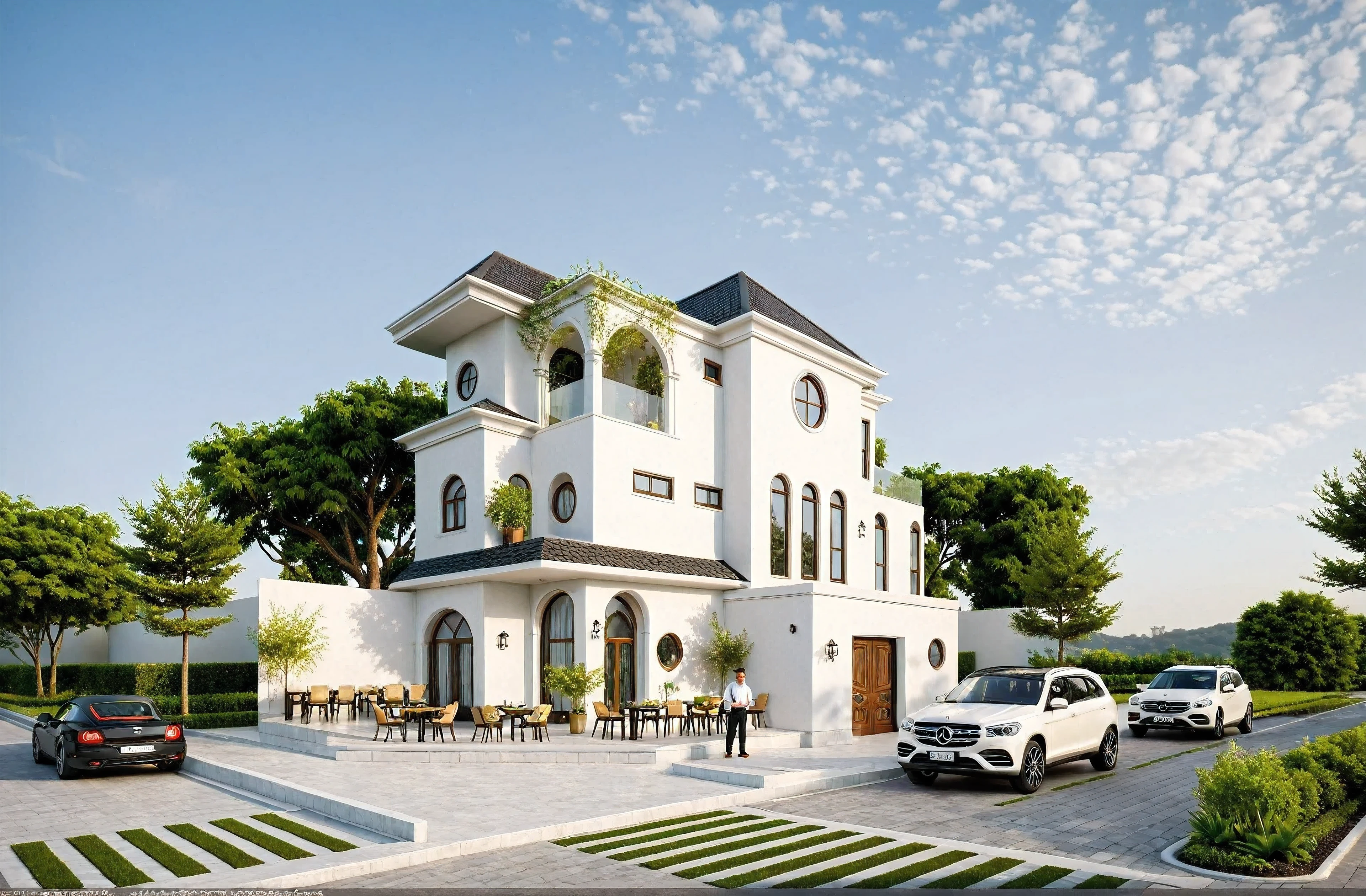 The image depicts a neoclassical two-story house with a white facade and tiled roof. Key features include:
- **Structure and Design:** Rectangular shape, elegant neoclassical details like decorative moldings and a small balcony.
- **Roof:** Dark-colored tiled roof with decorative finials.
- **Entrance:** Large arched doorway with carved wooden double doors and formal steps.
- **Windows:** Dark-framed, regularly spaced for symmetry.
- **Balcony:** Ornate metal railing and space for potted plants, covered by a white pergola.
- **Landscaping:** Greenery including trees and shrubs softens the architecture; stylized trees near the entrance.
- **Wall and Gate:** Low decorative wall encloses the property with a likely gate for access.
Overall, the house exudes classic elegance, complemented by landscaping and promotional context in Vietnamese., Best Quality,Masterpiece, UHD, 8k, Stunning,Eye-catching,Sharp edge render, Award winner design in 2024, Photorealistic, High-Resolution, Detailed, Accurate, Vibrant, Dynamic Lighting, Textured, Perspective, Atmospheric, Contextual, Balanced Composition, Material Realism, Interactive, Immersive, Narrative, Minimalist