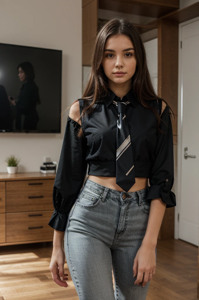 photo of (girl), RAW, girl of average beauty, (short hair, gray brown, straight/wavy), in office, leaning against desk, social clothing, unbuttoned shirt, (full body :1.3), (masterpiece) (perfect aspect ratio)(realistic photo)(best quality) (detailed) (8k) (HDR) (wallpaper) (cinematic lighting) (sharp focus) (intricate)  