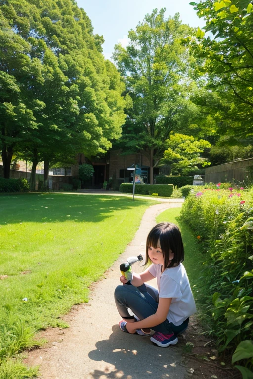 A little girl with delicate facial features is camping in the forest, there is a bunch of delicacies on the table in front of her, the little girl has a happy smile on her face, the table is surrounded by parrots, and there is a tent in the background