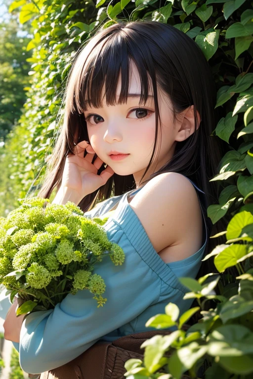 HD, depth of field, spring, smaller head, sideways, sitting, black hair, garland, anime, off-the-shoulder, wild, colorful flowers and plants,