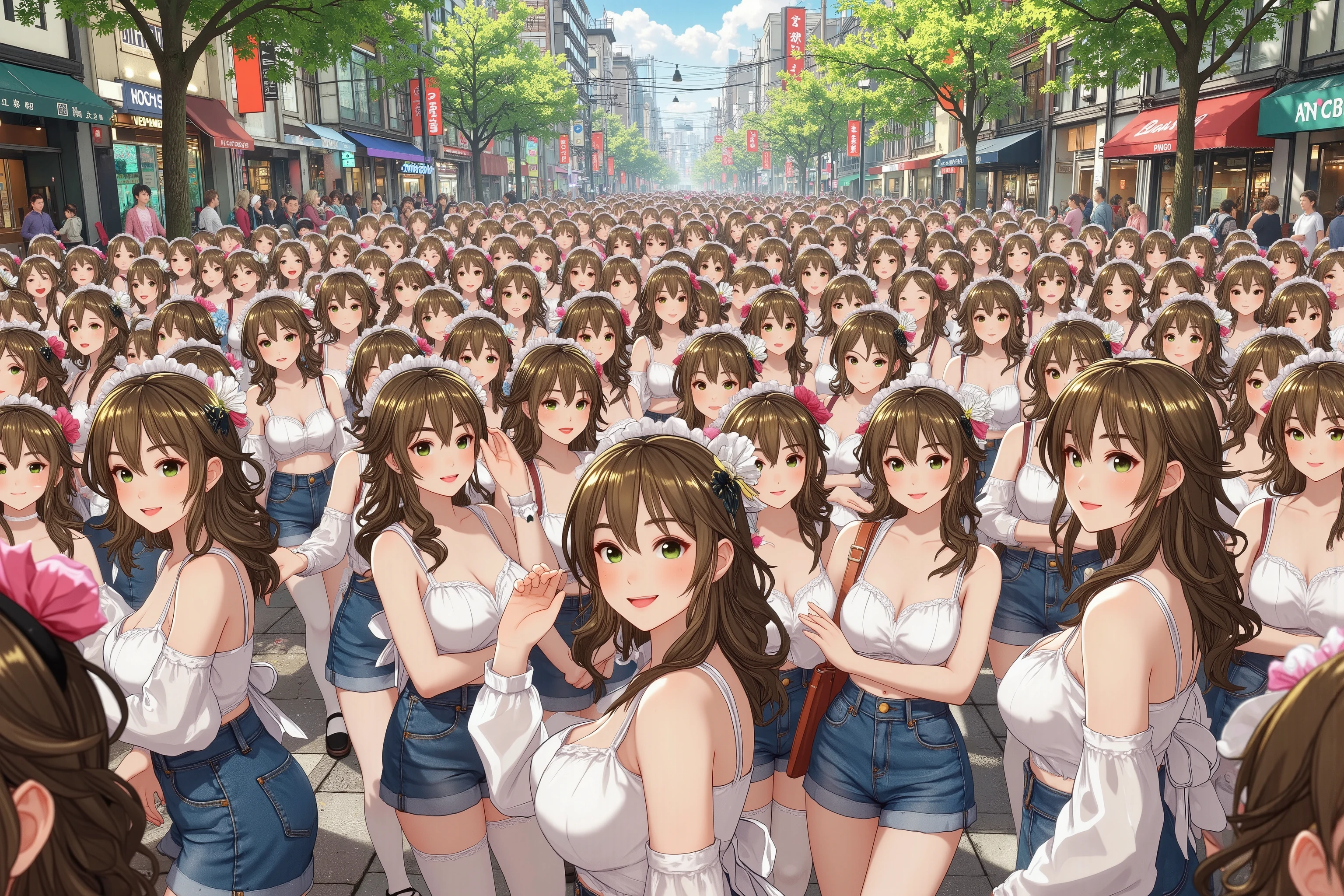 (((Myself=Japanese Beautiful Super Clones multiply girls))), (((((Depiction of Super Clones Multiply Girls by Myself Only in a huge crowd))))), (((high quality Animation Art))), (Super Best masterpiece, 16K, best quality, ultra high resolution, The highest degree of perfection of the work), (((super very cute smile, happy expression, Brown Hair Girl))), (((((Very Beautiful, Detailed and Accurate Female Body Movement, Very accurate and comfortable movement of hands and feet, super big , emphasizes cleavage))))), (((Spring Casual Outfit))), (((Super Clones multiply girlsは世界中で超大増殖))) (Very detailed and accurate1Point perspective drawing, Ultra-wide field of view, Super wide view, Depict various angles, No need for a center subject),