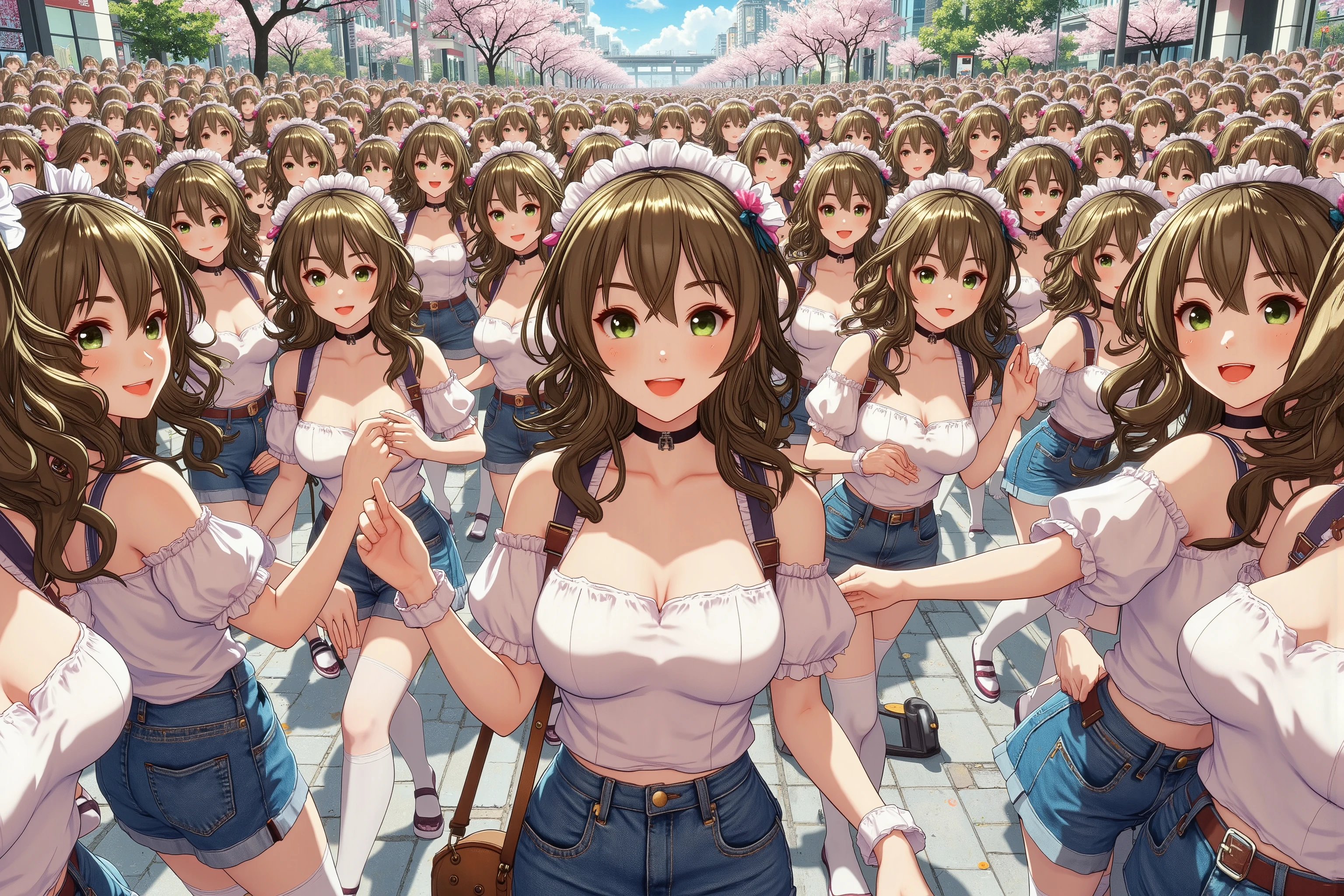 (((Myself=Japanese Beautiful Super Clones multiply girls))), (((((Depiction of Super Clones Multiply Girls by Myself Only in a huge crowd))))), (((high quality Animation Art))), (Super Best masterpiece, 16K, best quality, ultra high resolution, The highest degree of perfection of the work), (((super very cute smile, happy expression, Brown Hair Girl))), (((((Very Beautiful, Detailed and Accurate Female Body Movement, Very accurate and comfortable movement of hands and feet, super big , emphasizes cleavage))))), (((Spring Casual Outfit))), (((Super Clones multiply girlsは世界中で超大増殖))) (Very detailed and accurate1Point perspective drawing, Ultra-wide field of view, Super wide view, Depict various angles, No need for a center subject),