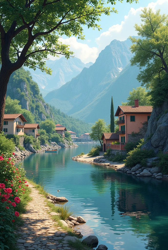 a small village by the river, mountains in the background, floral flowers colorful, detailed landscape, Beautiful natural landscapes, atmospheric lighting, scorching sunset, warm colours, practical, photopractical, Detailed Foliage, complex buildings, cobblestone street, Charming country house, swirly vibrant colors, lush vegetation, Still water reflections, Picturesque, idyllic, work of art, best qualityer, 8k, extremely detaild,anime styling