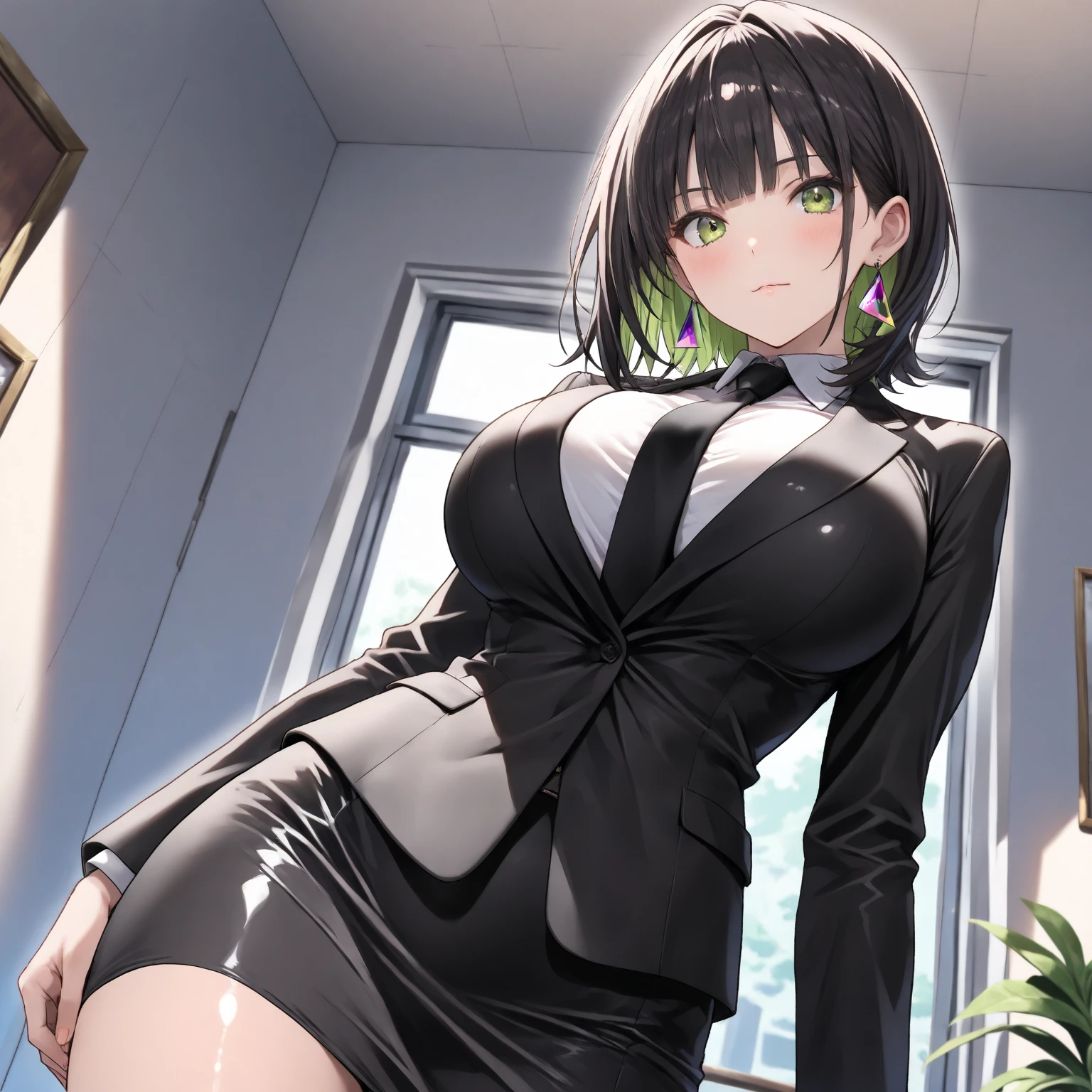 beautiful mature woman with black hair, (chopped beans), head tilt, office lady, suit, Short pencil skirt, office, Lavender eyes color,