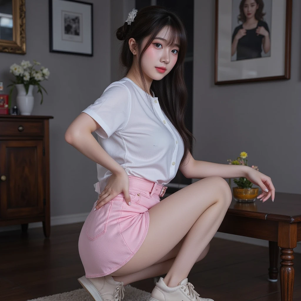 (((On the bed:1.35)))、(((sleep:1.35)))、(((Spread your legs wide:1.35)))、(((mini skirt:1.35)))、(Highest quality:1.4), (masterpiece:1.4), (High resolution:1.2), (Very detailed:1.2), The proportions of the human body,
One girl, Korean Girls, (Each girl wears a different fashion:1.4), Dynamic pose, Power plant,