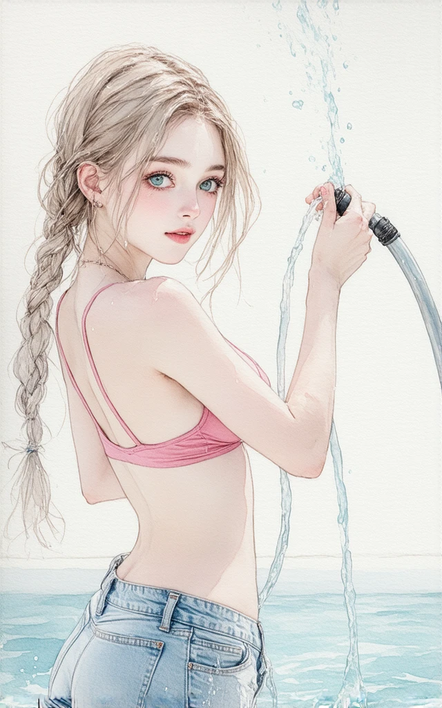 Beautiful woman in micro bikini, Covered in oil, it sparkles, Perfect and detailed appearance, 8K, masterpiece, Super detailed, Highest quality, (oily and slippery:1.9), Perfect fit, Sunburned, wild, Long white hair, (Browsing Caution:1.0)